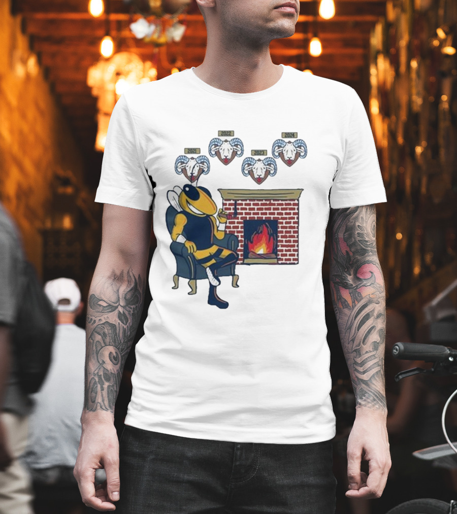 GT Mantel Pocket Yellow Jacket By Fireplace With Ram Trophies T-Shirt