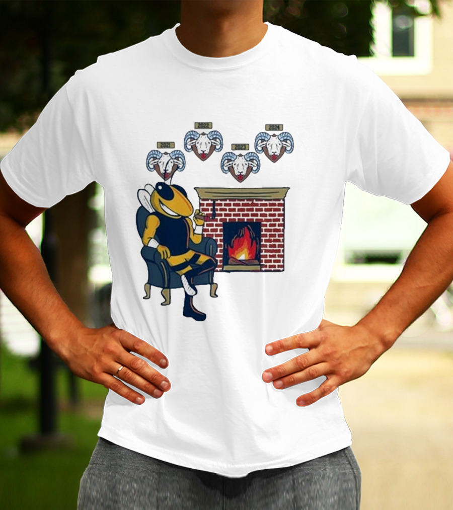 GT Mantel Pocket Yellow Jacket By Fireplace With Ram Trophies T-Shirt