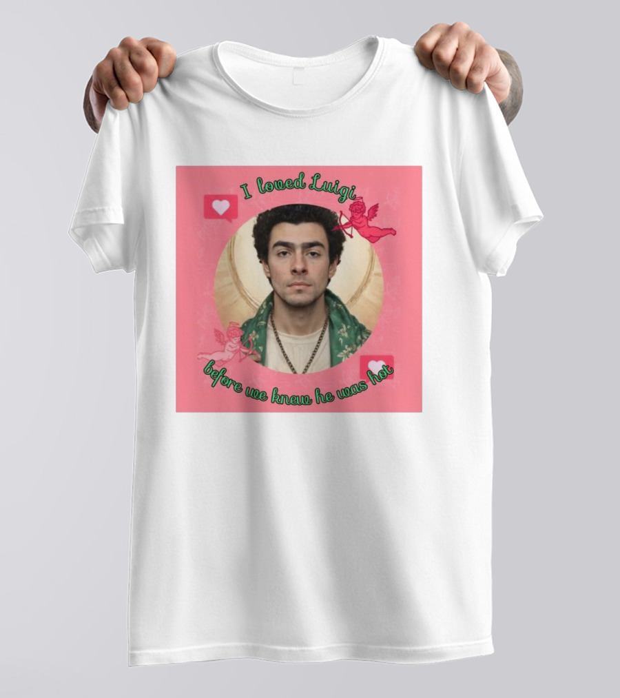 I Loved Luigi Before We Knew He Was Hot Pink Background Heart And Cupid Design T-Shirt