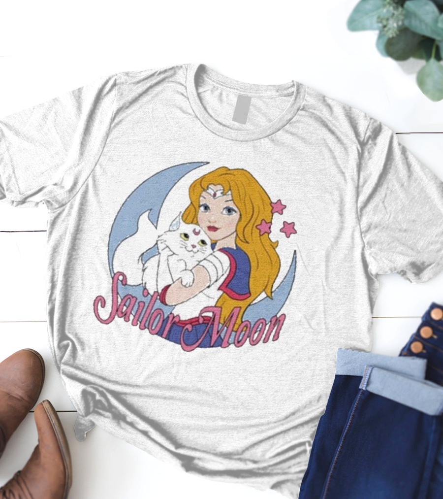 Sailor Moon Holding White Cat With Stars T-Shirt