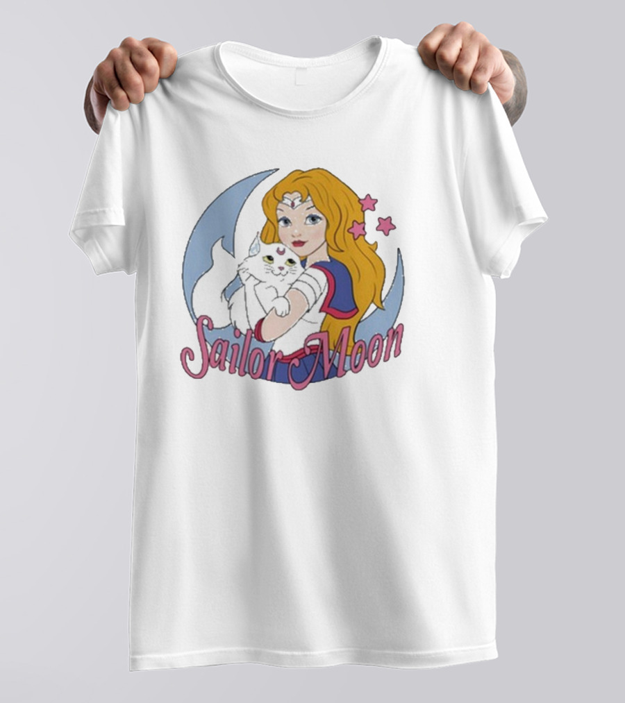 Sailor Moon Holding White Cat With Stars T-Shirt