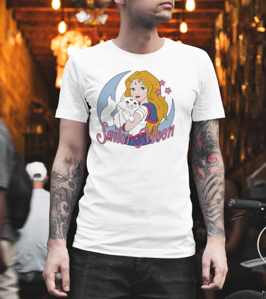 Sailor Moon Holding White Cat With Stars T-Shirt