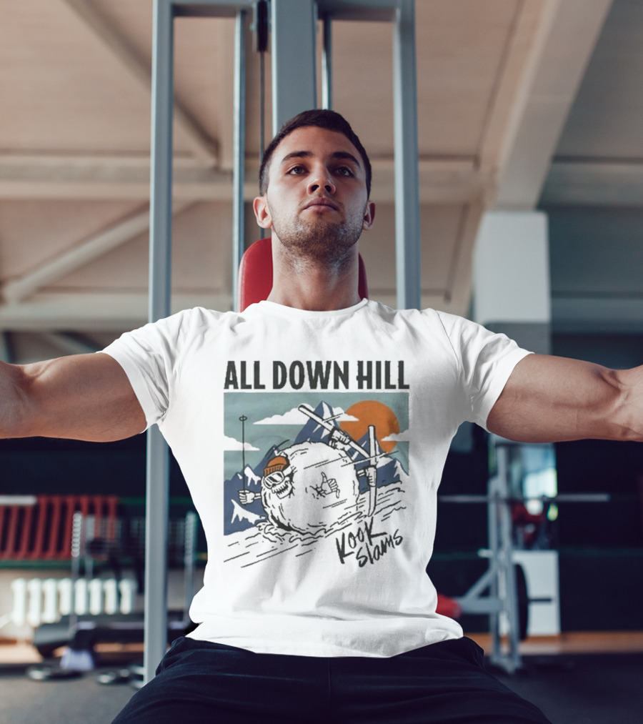 Kook Slams All Down Hill Skiing Adventure Orange Sunset Rugged Mountains T-Shirt