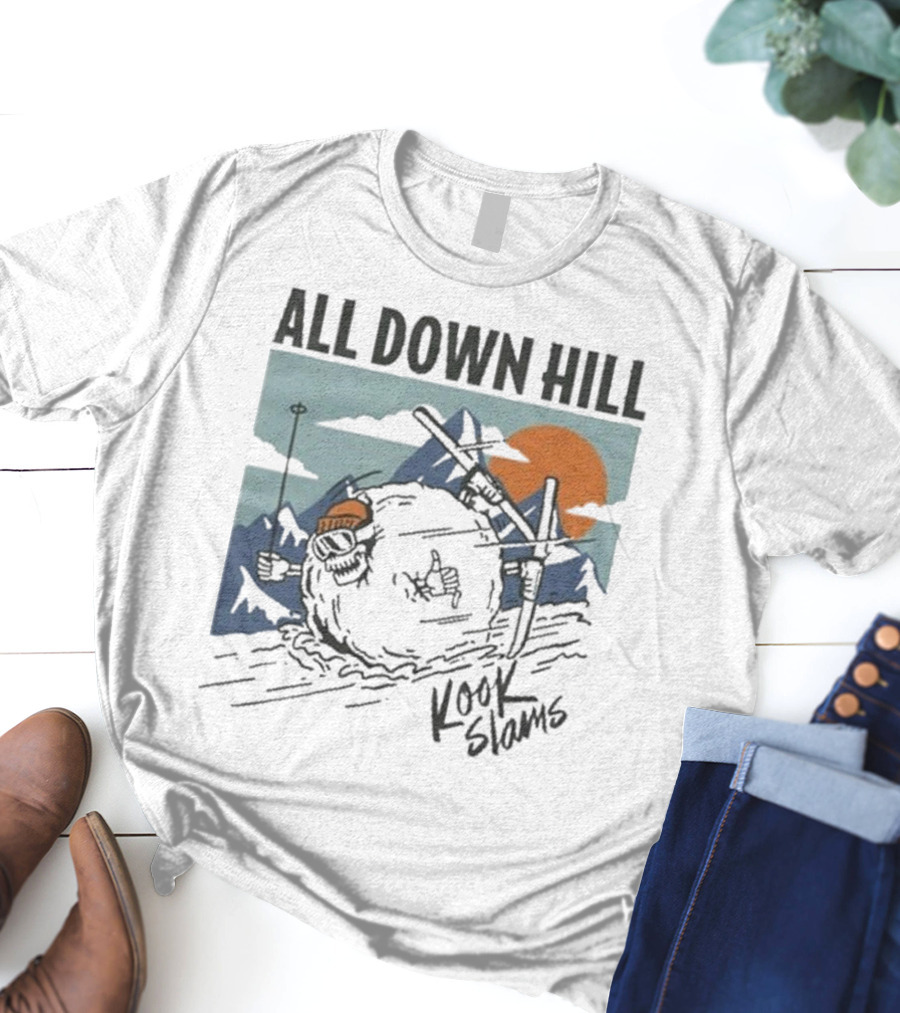 Kook Slams All Down Hill Skiing Adventure Orange Sunset Rugged Mountains T-Shirt