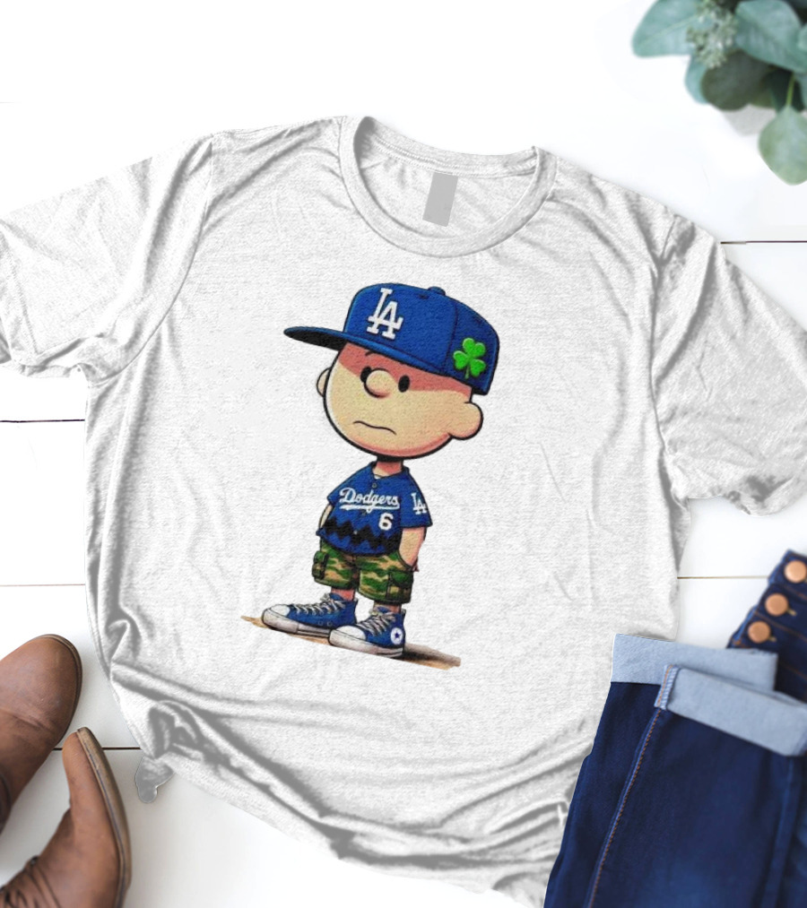 Los Angeles Dodgers Charlie Brown St. Patrick's Day LA Hat Clover Dodgers 6 Jersey T-Shirt