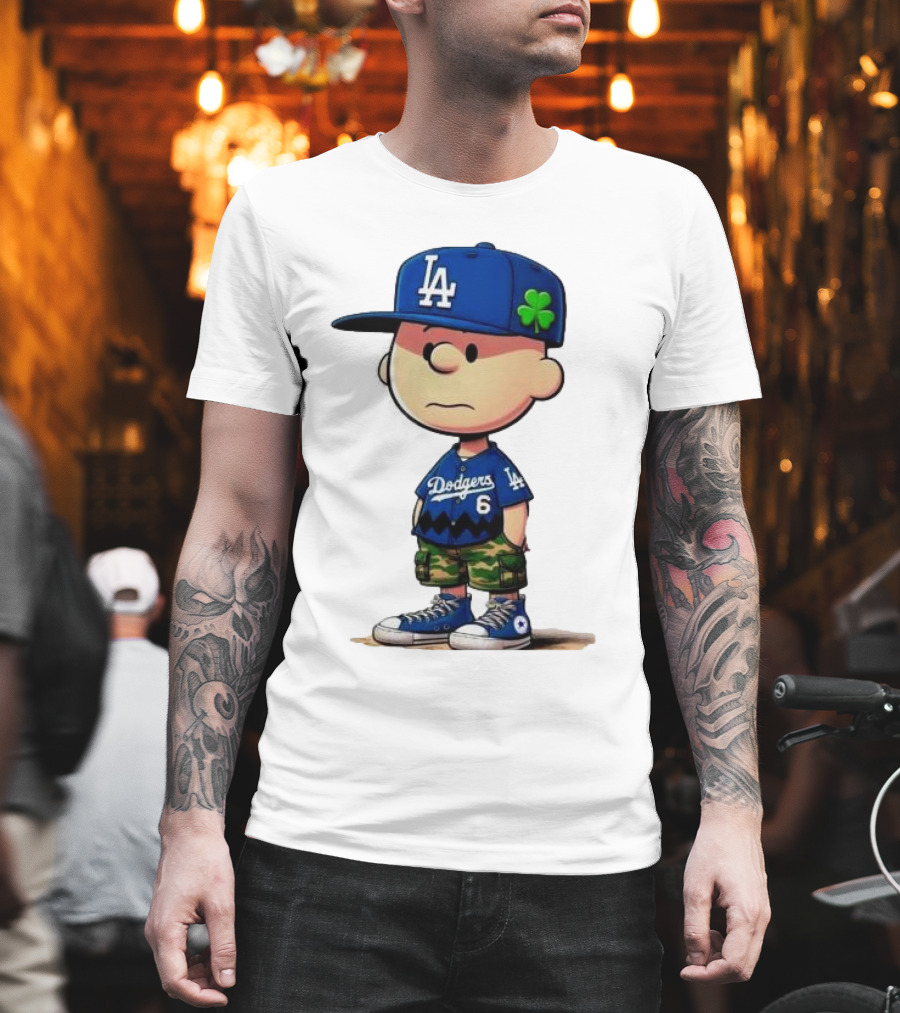 Los Angeles Dodgers Charlie Brown St. Patrick's Day LA Hat Clover Dodgers 6 Jersey T-Shirt