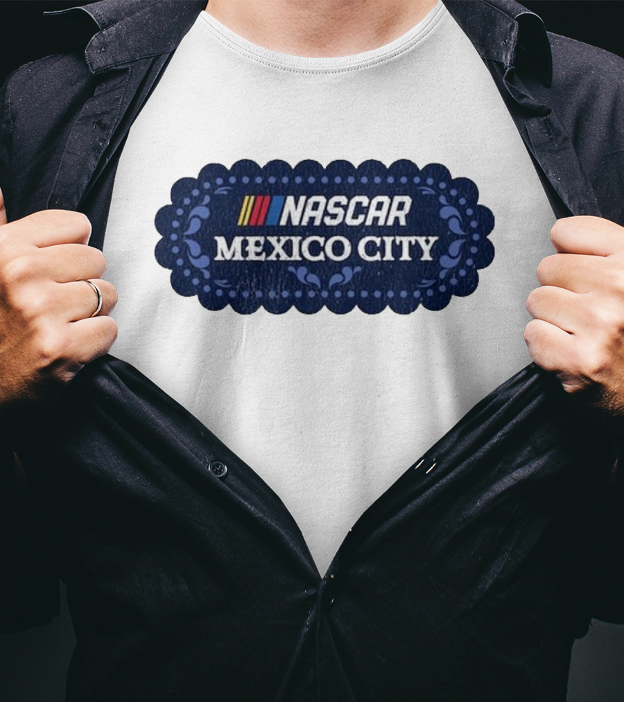 NASCAR Mexico City Scalloped Emblem With Colorful Stripes On Blue Background T-Shirt