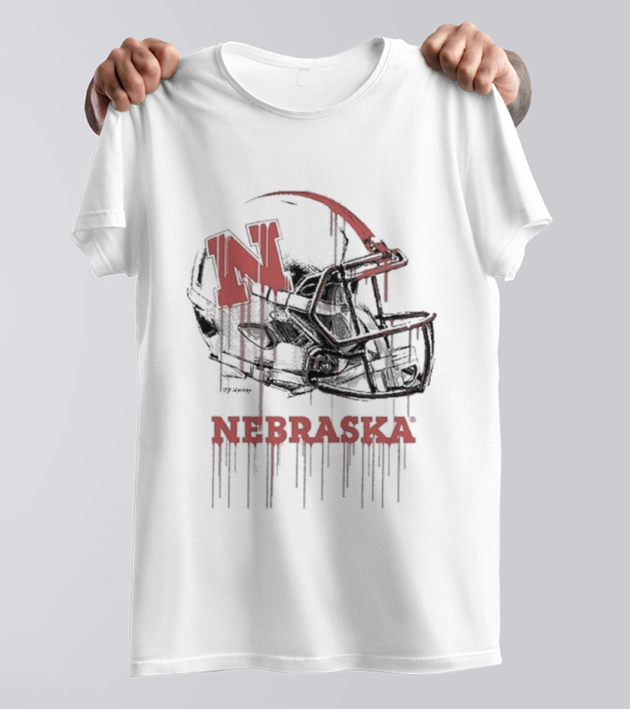Nebraska Huskers N Dripping Football Helmet T-Shirt