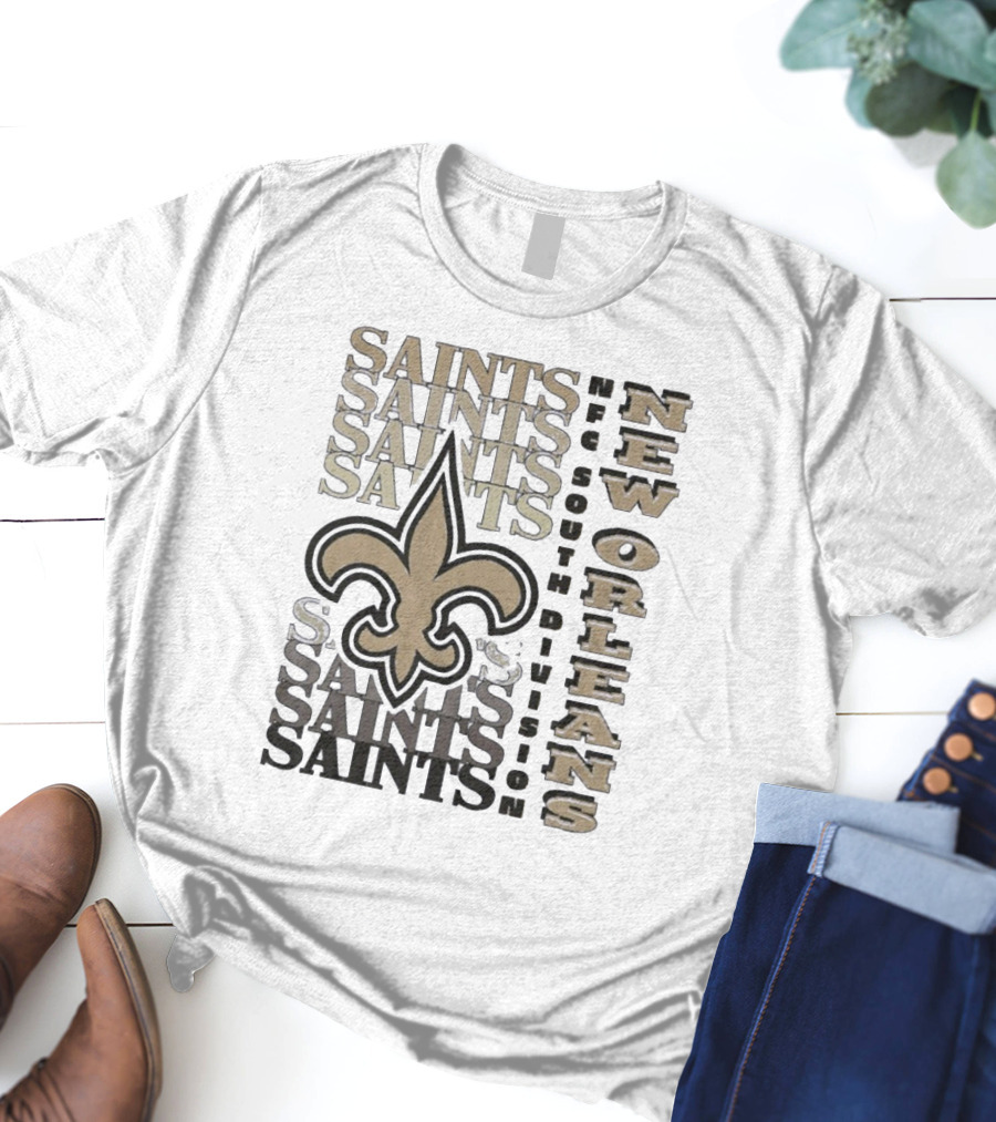 New Orleans Saints NFC South Division Fleur-de-Lis Saints Text Pattern T-Shirt