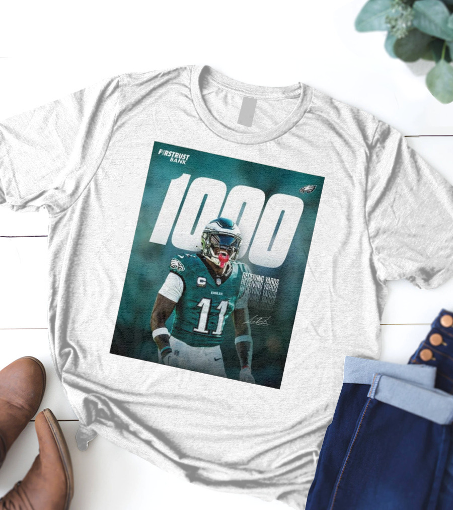 Philadelphia Eagles A.J. Brown 1000 Receiving Yards Signature Fly Eagles Fly NFL T-Shirt