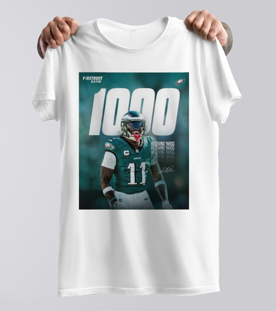 Philadelphia Eagles A.J. Brown 1000 Receiving Yards Signature Fly Eagles Fly NFL T-Shirt