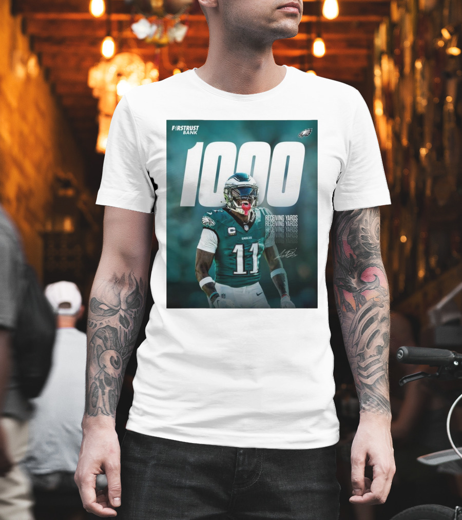 Philadelphia Eagles A.J. Brown 1000 Receiving Yards Signature Fly Eagles Fly NFL T-Shirt