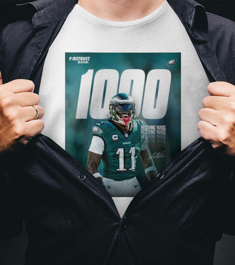 Philadelphia Eagles A.J. Brown 1000 Receiving Yards Signature Fly Eagles Fly NFL T-Shirt