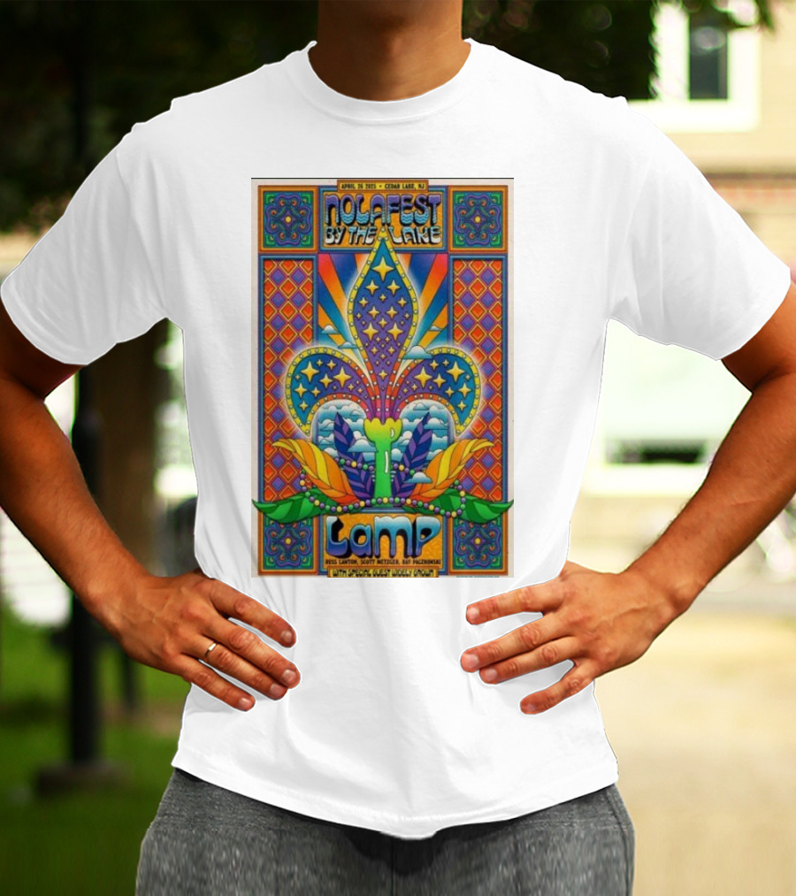 Nolafest By The Lake Lamp Cedar Lake NJ April 26 2025 Fleming Fleur-de-Lis Psychedelic Art Style T-Shirt