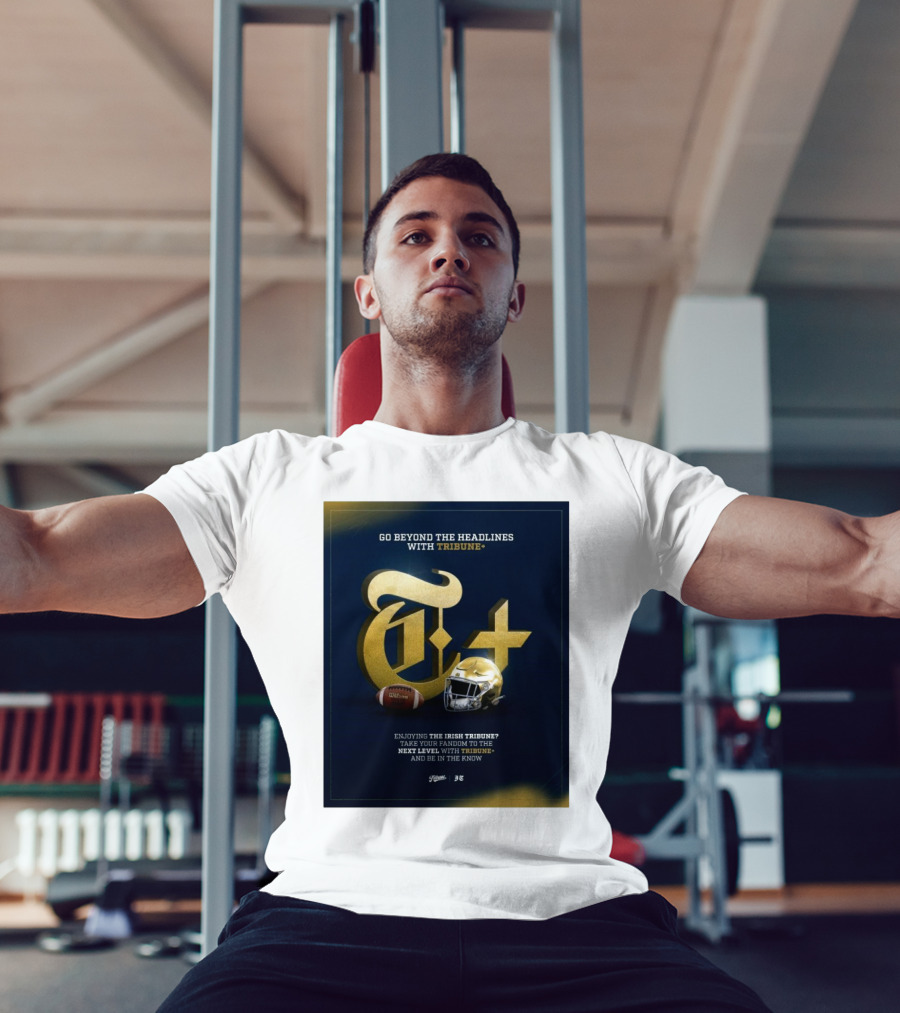 Notre Dame Fighting Irish Tribune+ Go Beyond The Headlines Football Helmet T-Shirt