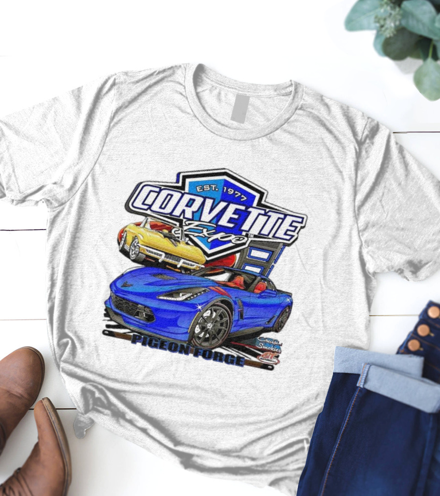Corvette Expo Pigeon Forge 1977 Blue And Yellow Cars Cruise The Smokies T-Shirt