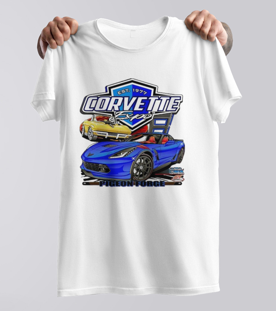 Corvette Expo Pigeon Forge 1977 Blue And Yellow Cars Cruise The Smokies T-Shirt