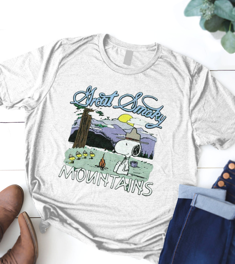 Snoopy Great Smoky Mountains Camping Scene With Woodstock Characters T-Shirt