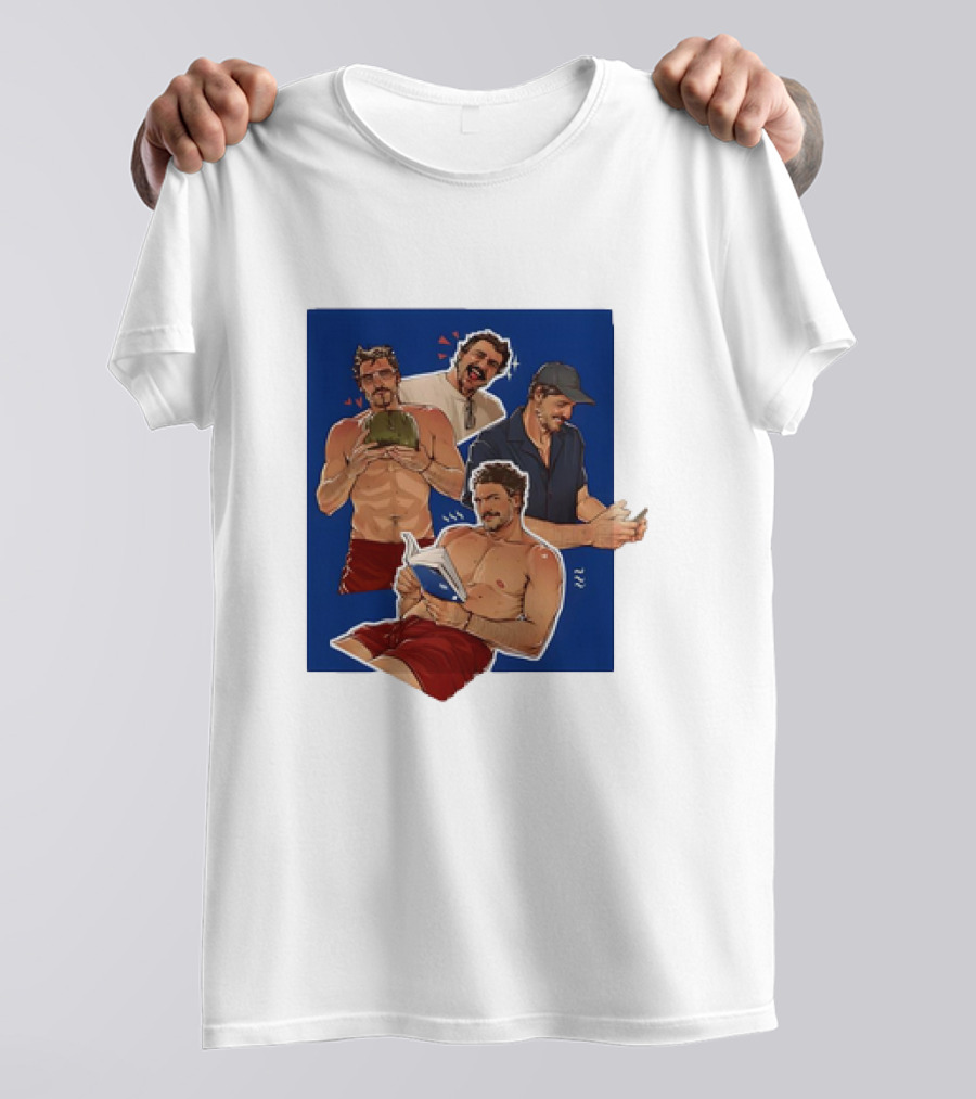 Pedro Pascal Humorous Illustrated Collage Reading And Relaxing Moments T-Shirt