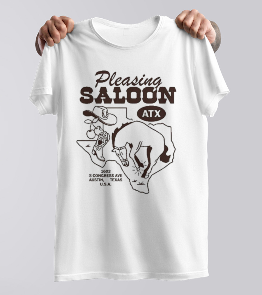 Pleasing Saloon ATX 1603 S Congress Ave Austin Texas USA Cowboy And Bull Texas Outline T-Shirt