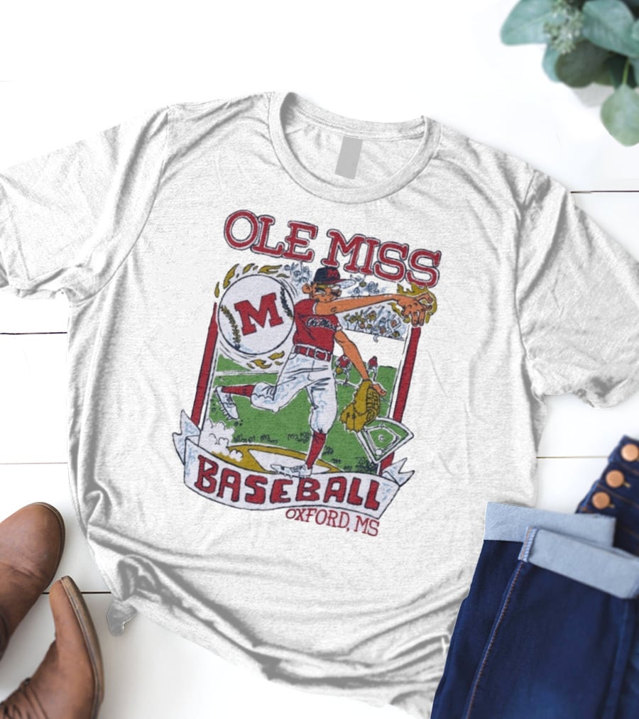 Ole Miss Baseball Oxford MS Pitcher Illustration With M Logo T-Shirt