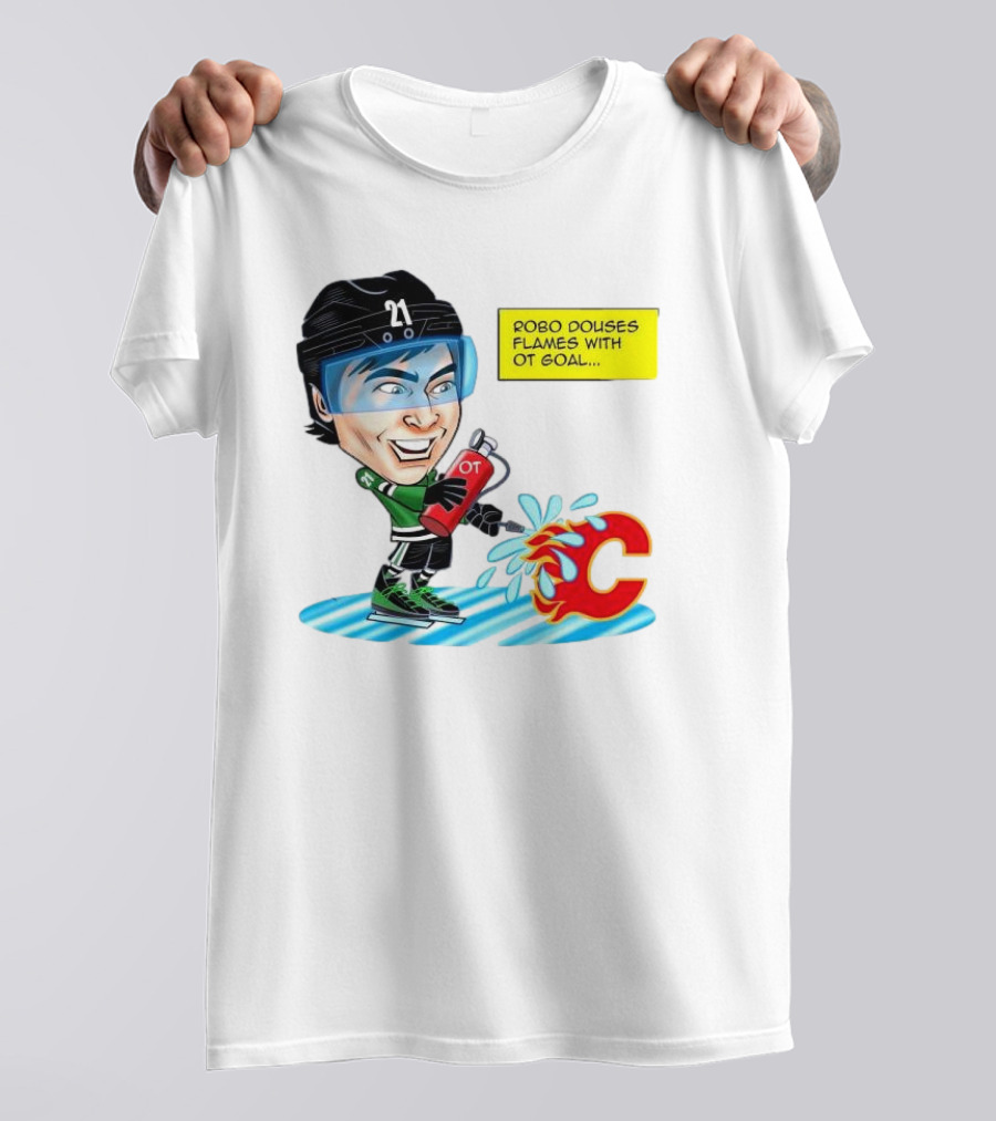 Robo Douses Flames With OT Goal Hockey Player Cartoon Extinguishing Calgary Flame Logo T-Shirt
