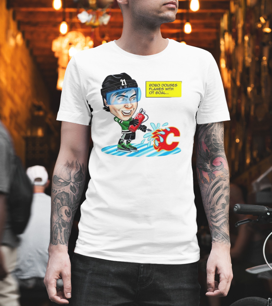 Robo Douses Flames With OT Goal Hockey Player Cartoon Extinguishing Calgary Flame Logo T-Shirt