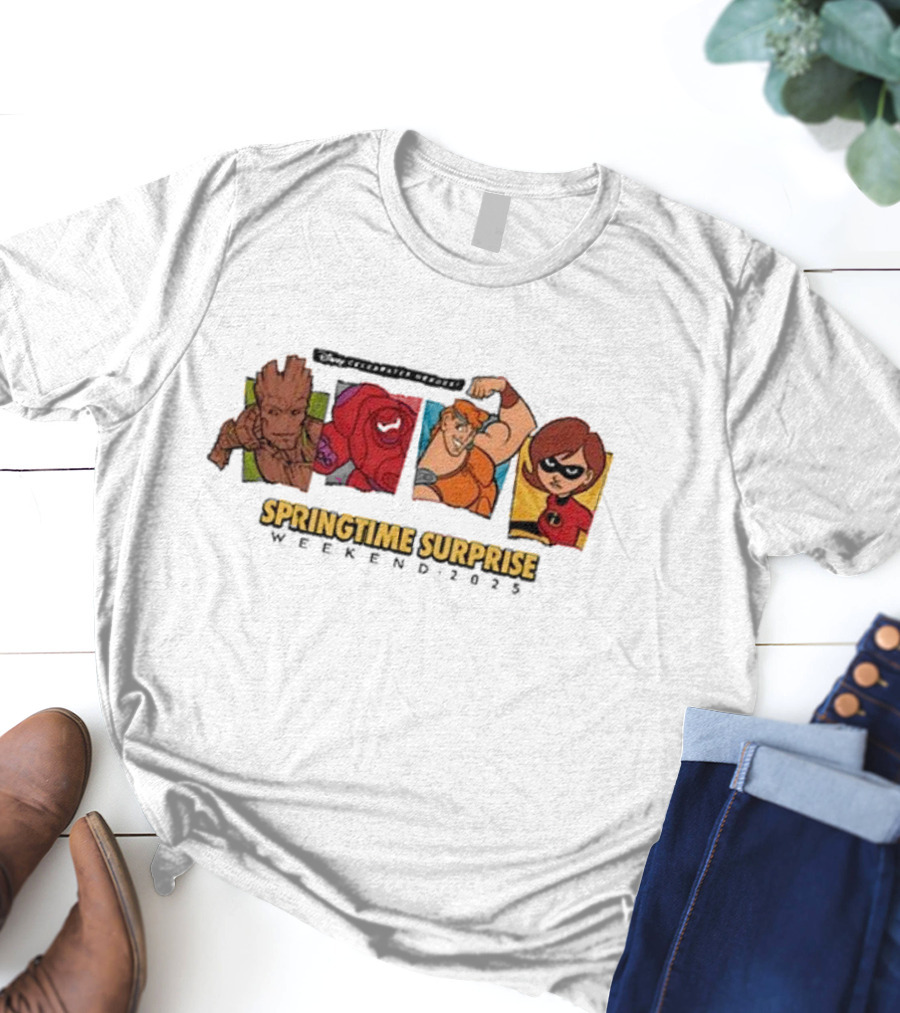 Run Disney Springtime Surprise Weekend 2025 Groot Baymax Hercules Elastigirl T-Shirt