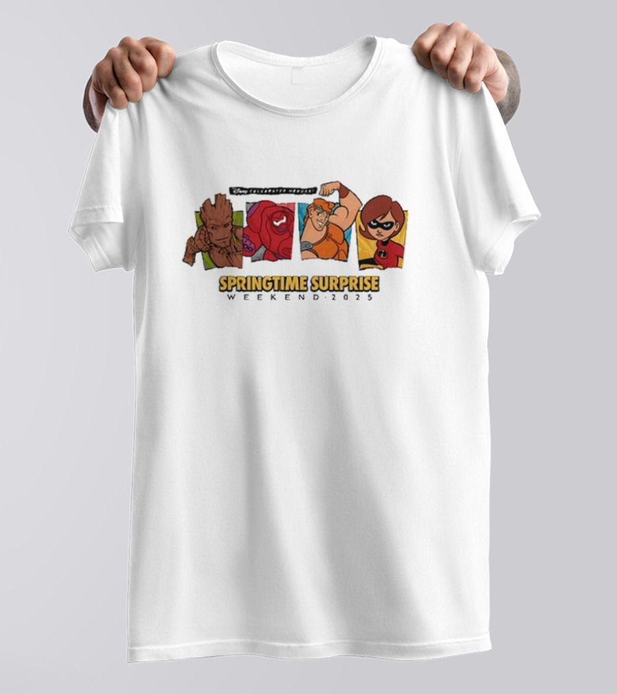 Run Disney Springtime Surprise Weekend 2025 Groot Baymax Hercules Elastigirl T-Shirt