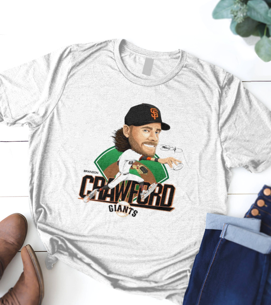 San Francisco Giants Brandon Crawford Caricature Celebrating Legendary Signature T-Shirt