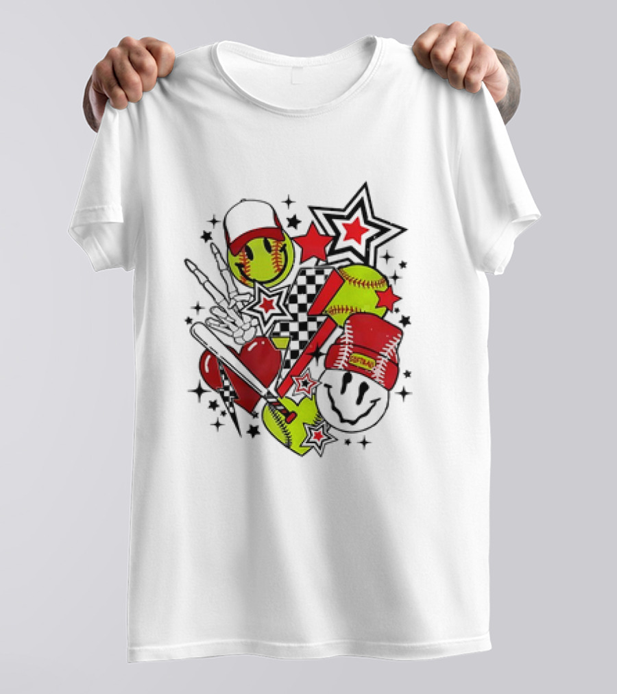 Softball Smiley Face Devil Cap Bats And Stars Retro T-Shirt