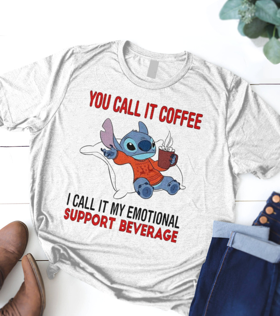 Stitch You Call It Coffee I Call It My Emotional Support Beverage Blue Alien Character With Hot Drink In Red Sweater T-Shirt