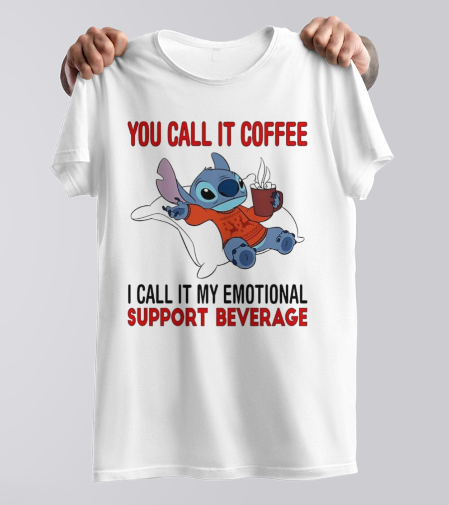 Stitch You Call It Coffee I Call It My Emotional Support Beverage Blue Alien Character With Hot Drink In Red Sweater T-Shirt