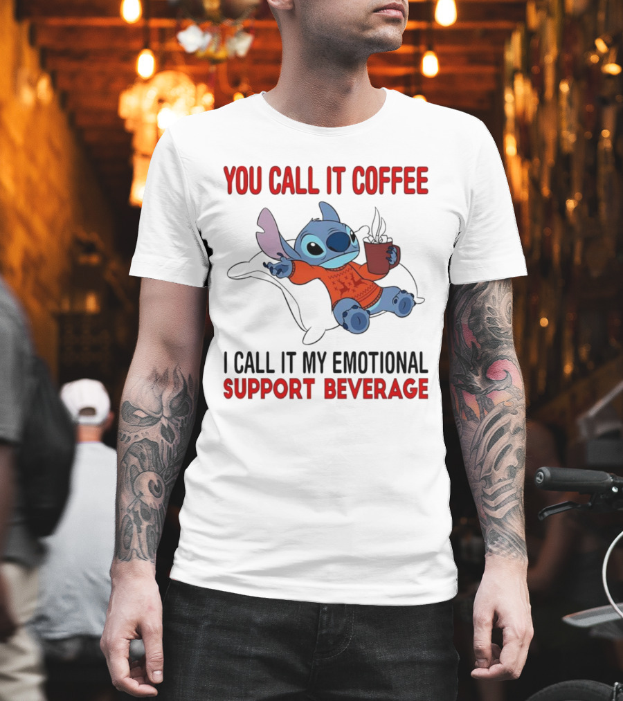 Stitch You Call It Coffee I Call It My Emotional Support Beverage Blue Alien Character With Hot Drink In Red Sweater T-Shirt