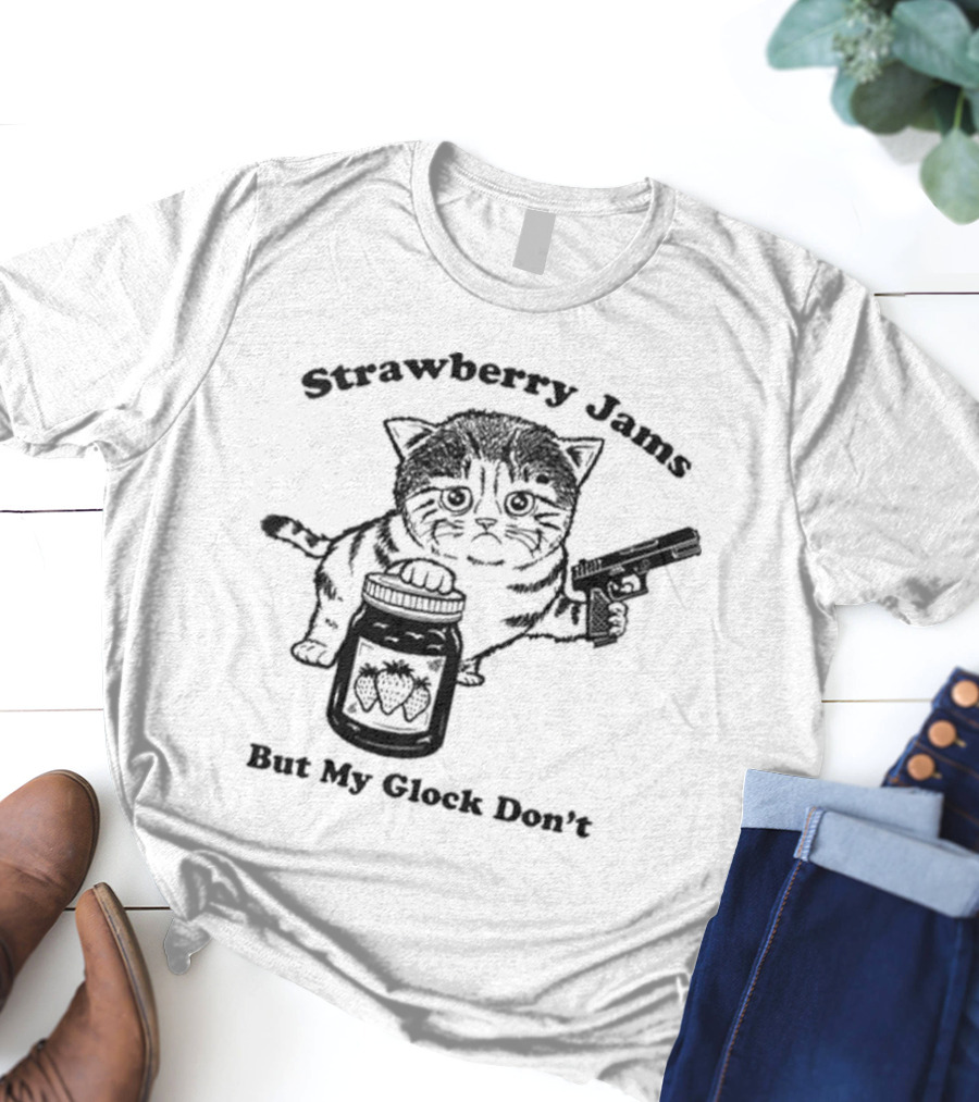 Strawberry Jams Cat With Gun And Jar T-Shirt