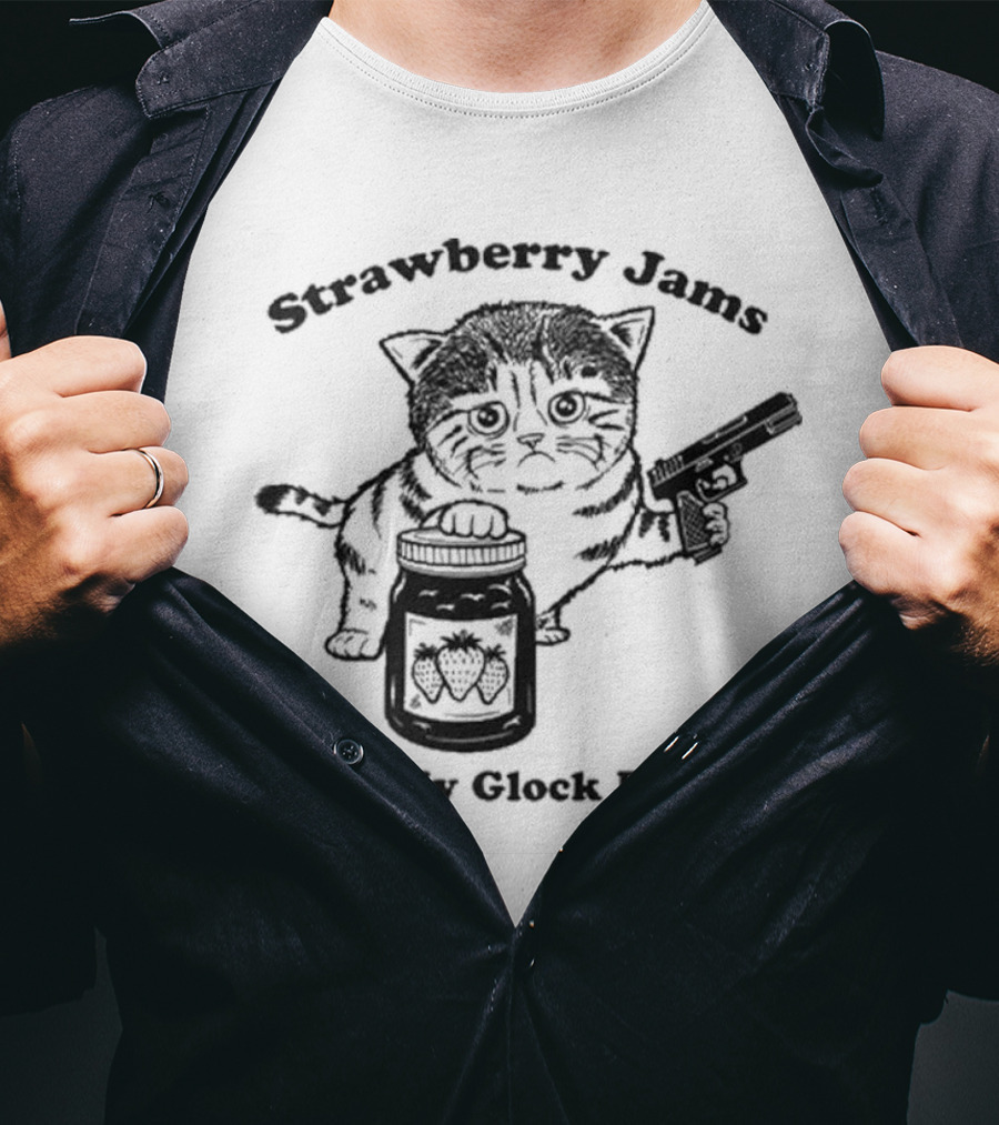 Strawberry Jams Cat With Gun And Jar T-Shirt