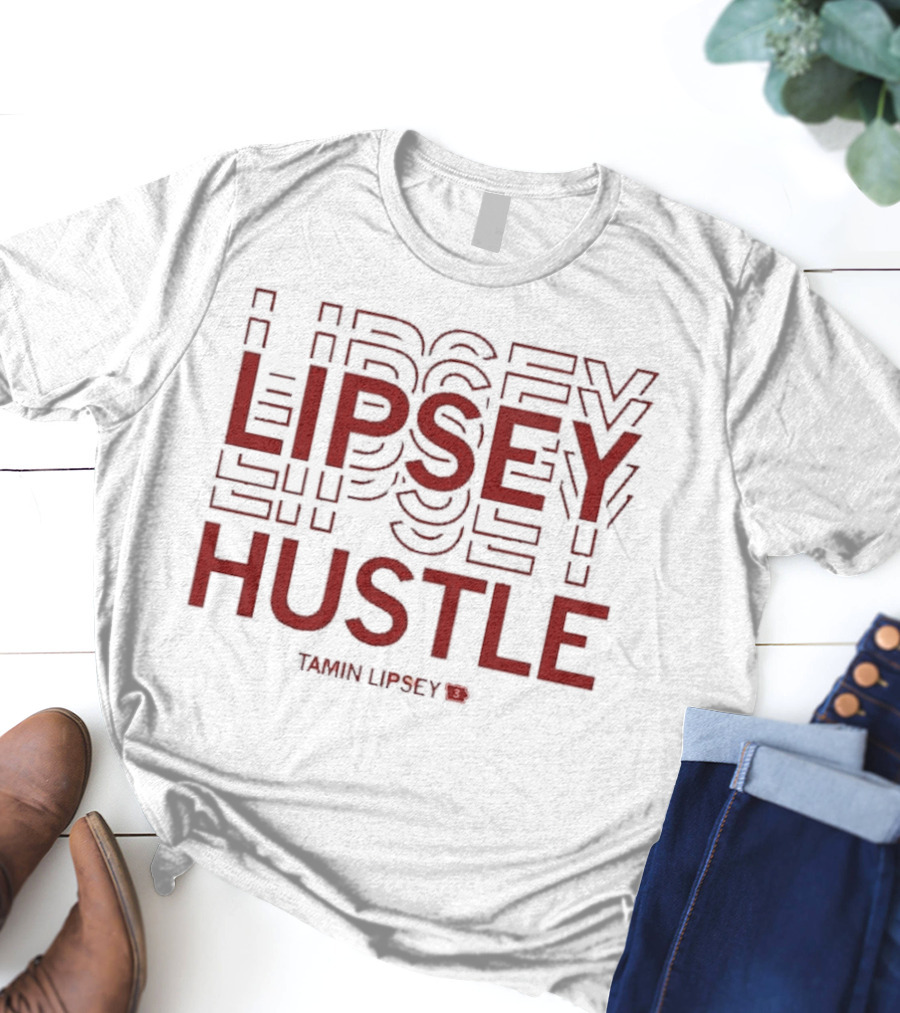 Tamin Lipsey Hustle Repeating Bold Red Text T-Shirt