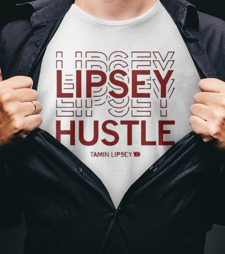 Tamin Lipsey Hustle Repeating Bold Red Text T-Shirt