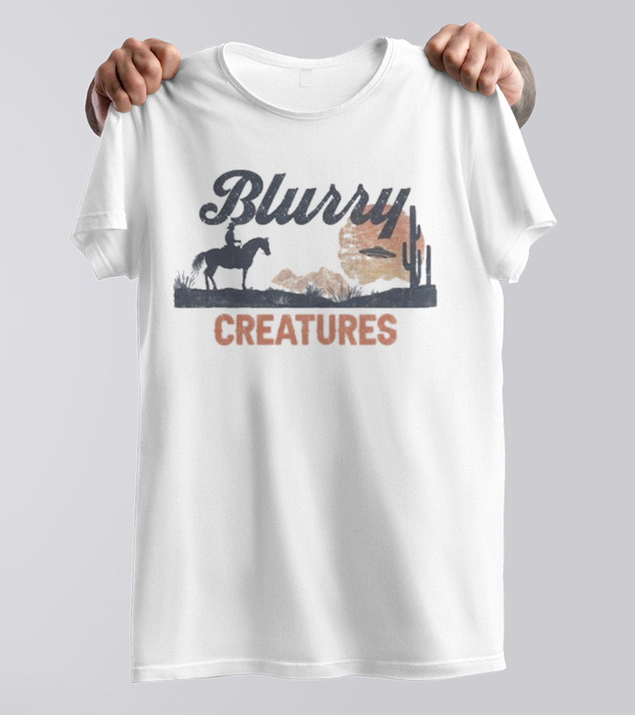 Blurry Creatures UFO Desert Cowboy Cactus Scene T-Shirt
