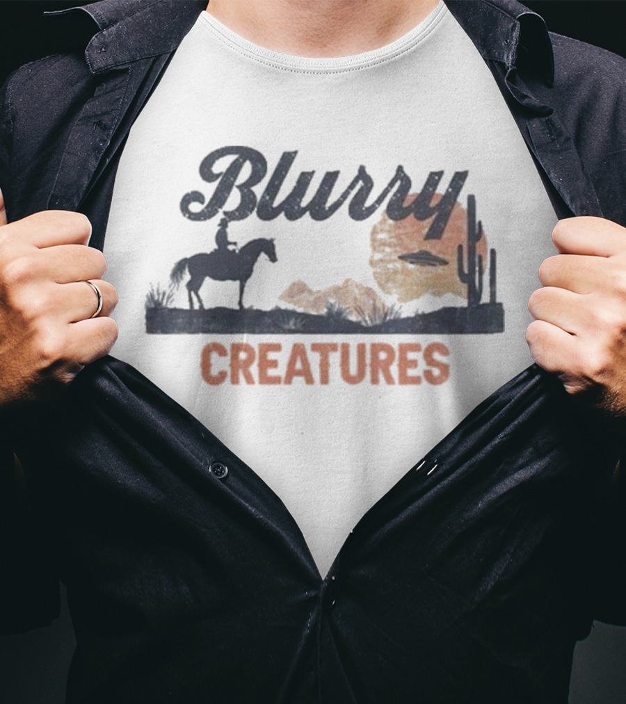 Blurry Creatures UFO Desert Cowboy Cactus Scene T-Shirt