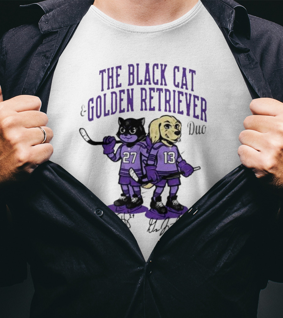 The Black Cat Golden Retriever 27 13 Hockey Duo T-Shirt