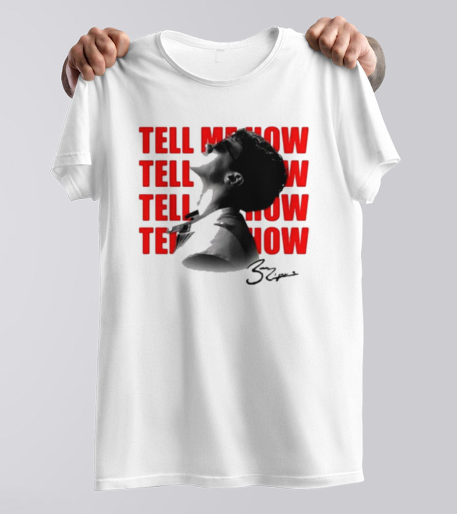 Tell Me How Ben Rodrigues Signature Black And White Artistic Portrait With Repeated Text In Eye-Catching Red Style T-Shirt