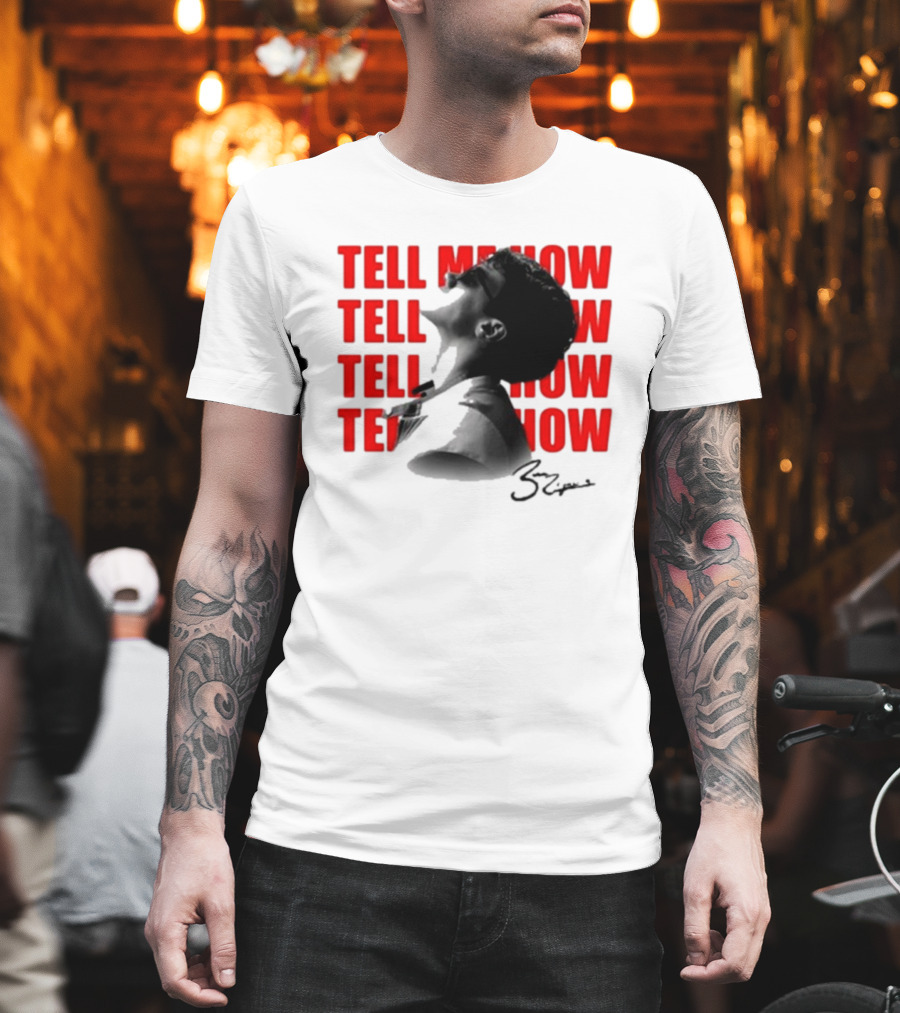 Tell Me How Ben Rodrigues Signature Black And White Artistic Portrait With Repeated Text In Eye-Catching Red Style T-Shirt