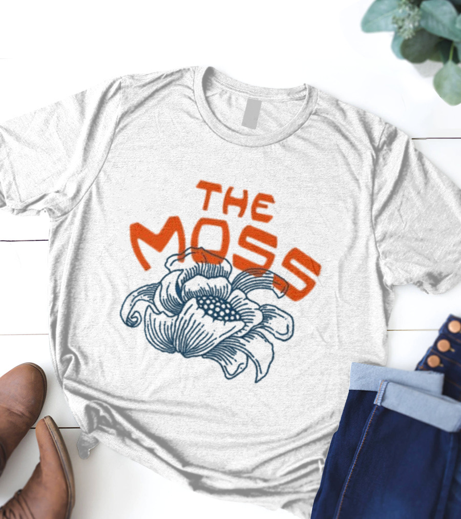 The Moss Flower 2025 Bold Blue And Orange Text Over Artistic Floral Illustration T-Shirt