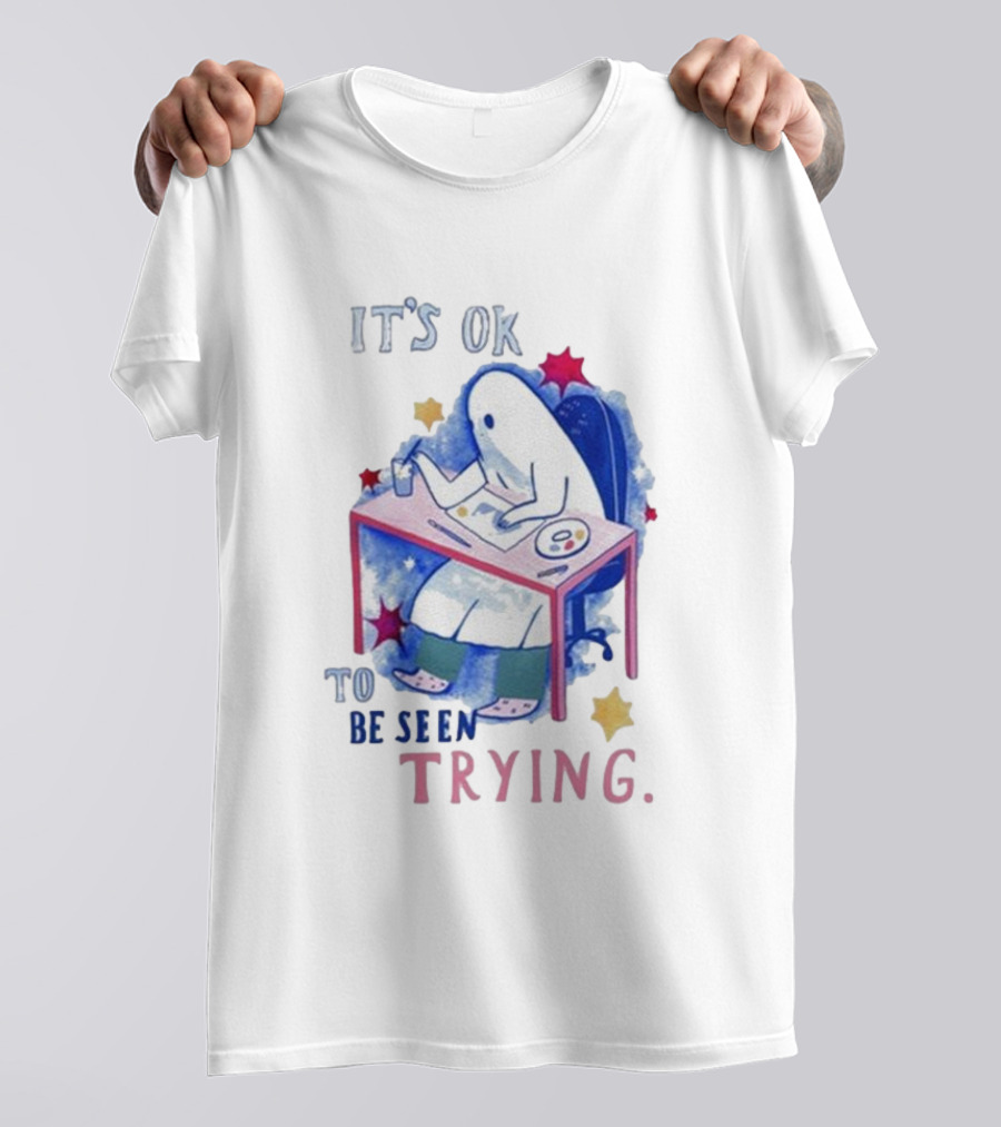 The Sad Ghost Club It's Ok To Be Seen Trying Ghost Painting At Desk With Stars And Colors T-Shirt