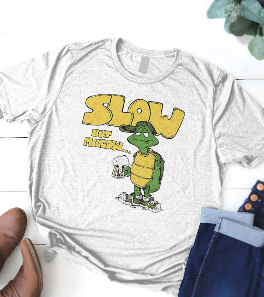 Slow But Mellow Turtle With Beer Retro Vintage 70s Style T-Shirt