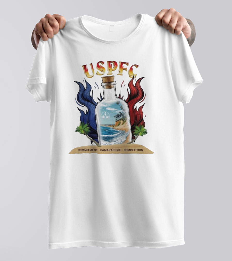USPFC Commitment Camaraderie Competition Coastal Scenic Bottle Design T-Shirt