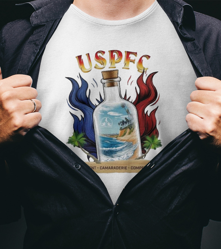 USPFC Commitment Camaraderie Competition Coastal Scenic Bottle Design T-Shirt