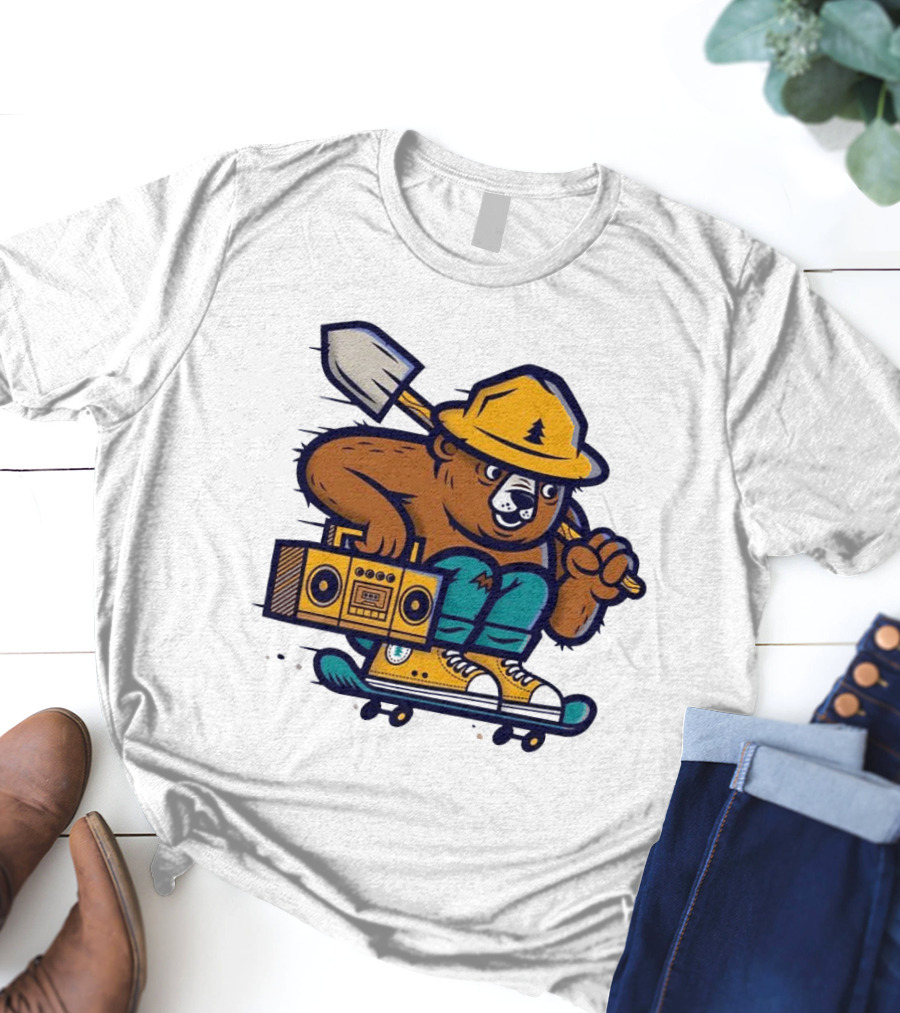 ```Wildfire Relief Bear Skateboarding With Boombox And Shovel``` T-Shirt