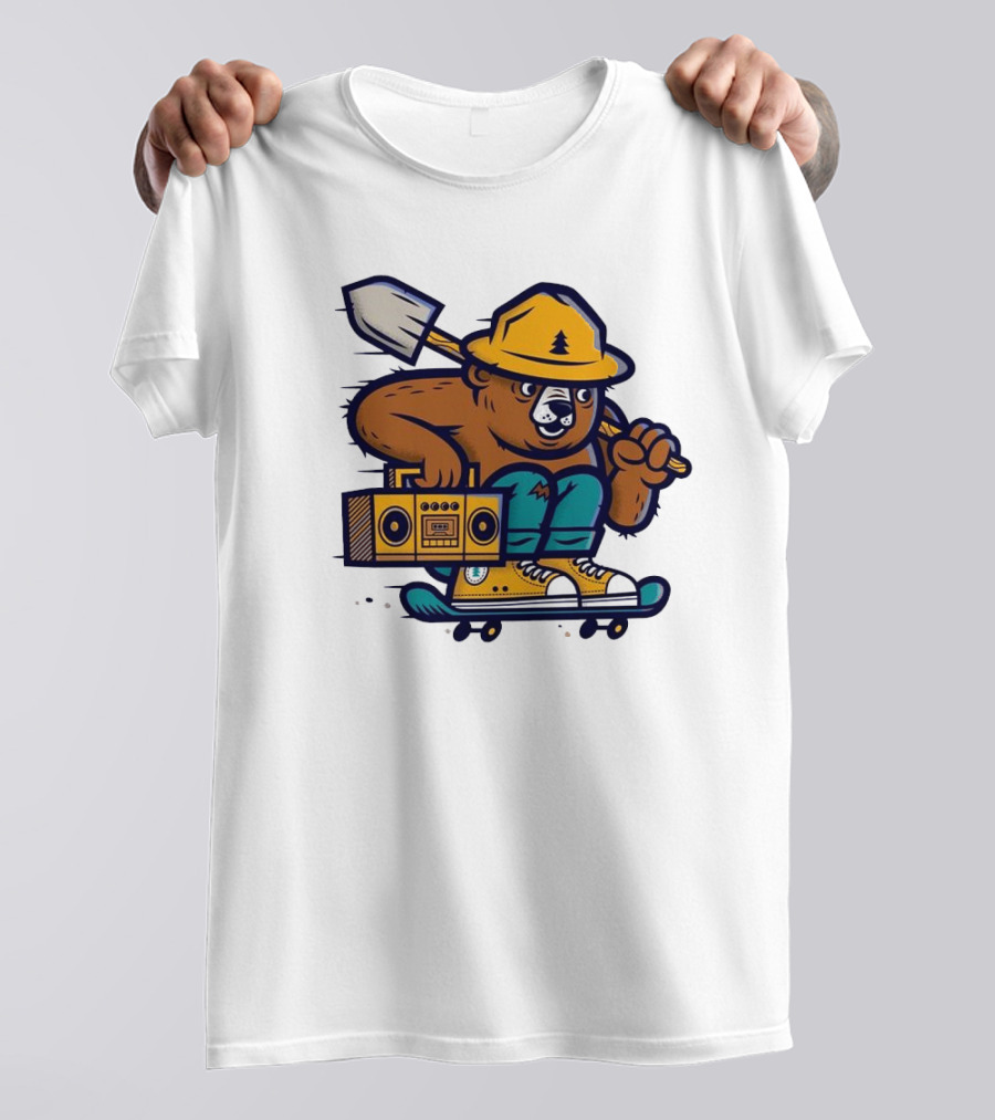```Wildfire Relief Bear Skateboarding With Boombox And Shovel``` T-Shirt